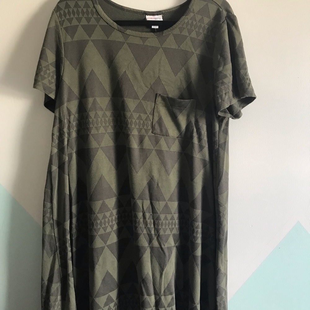 LuLaRoe Olive and Dark Green Geometric Pocket Dress